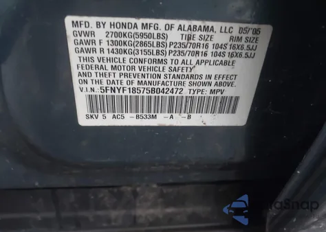 2005 Honda Pilot Ex-L from USA, damaged, VIN 5FNYF18575B042472